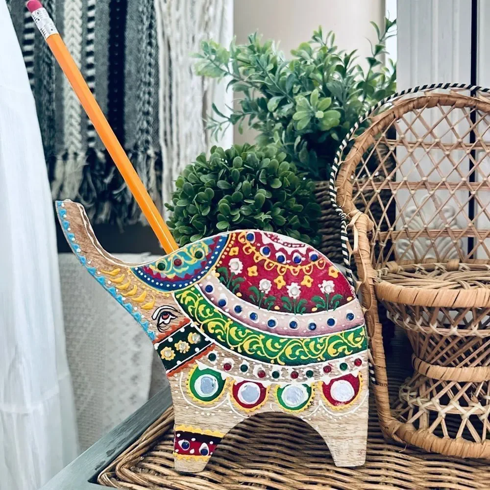 Vintage Hand Painted Wooden Elephant Bohemian Pencil Holder Tabletop Decor
